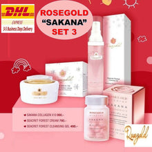 Load image into Gallery viewer, 3 Pcs ROSEGOLD Sakana collagen x10 + Seacret Forest Cream + Cleansing Gel Acne