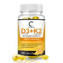 Load image into Gallery viewer, D3+K2 120 CPS, 5000 IU Vitamin D3 and 200 mcg Vitamin K2. Supports muscle, heart health, immunity, and calcium absorption.