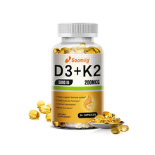 Load image into Gallery viewer, D3+K2 120 CPS, 5000 IU Vitamin D3 and 200 mcg Vitamin K2. Supports muscle, heart health, immunity, and calcium absorption.