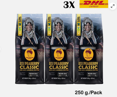 Doi Chaang Thai Coffee Whole Bean Peaberry Classic Arabica 250 g x 3