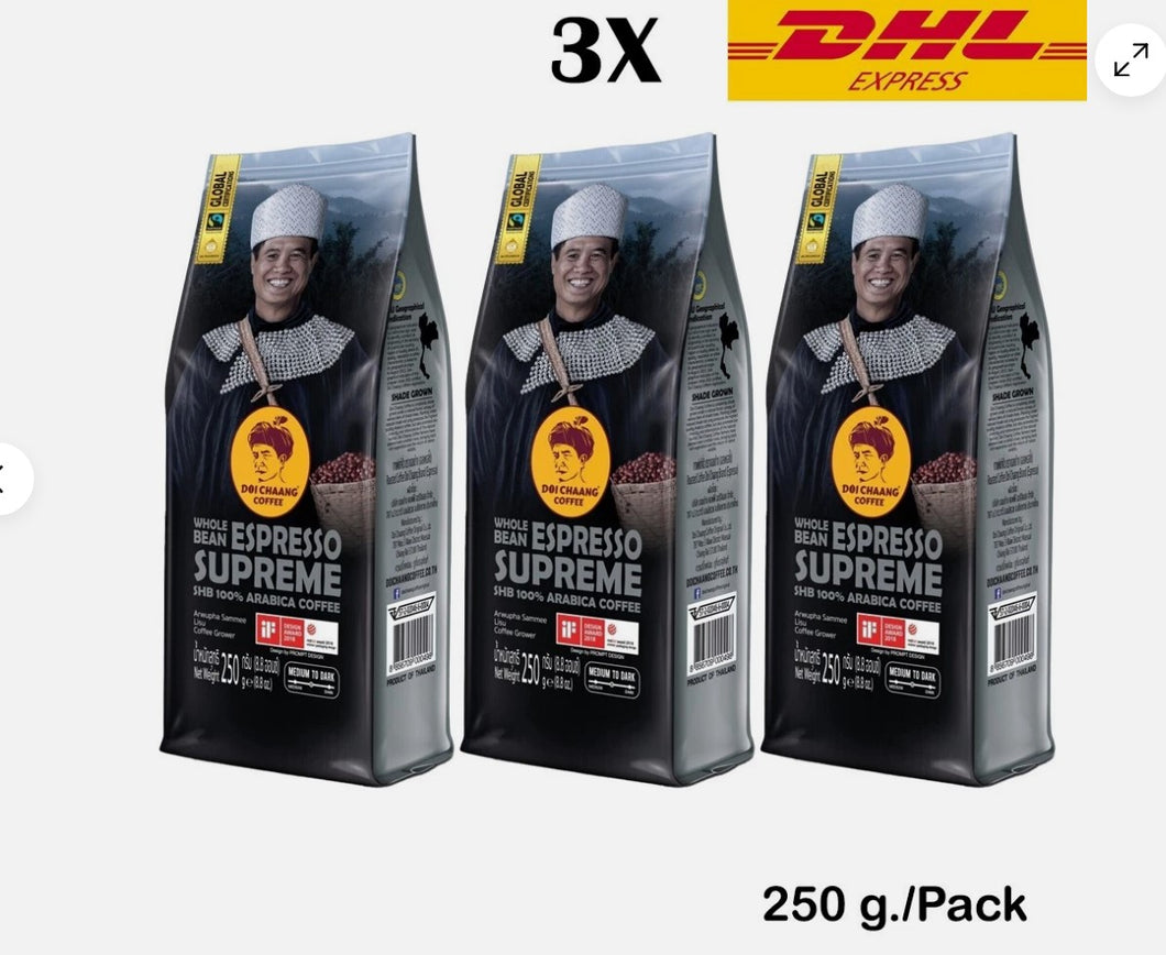 Doi Chaang Coffee Thailand Whole Bean Espresso Supreme Arabica 250 g x 3
