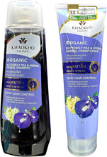 Load image into Gallery viewer, Khaokho Talaypu Organic Butterfly Pea Henna Herbal Shampoo 450 ml. (Shampoo for thicker, fuller hair)