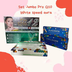 Set pro Q10 White Auraskin 12 Pro Q10 + LAROSCORBINE DIAMOND E-UF+ Collagen fort Plattinum+Placenta extact 1 Box