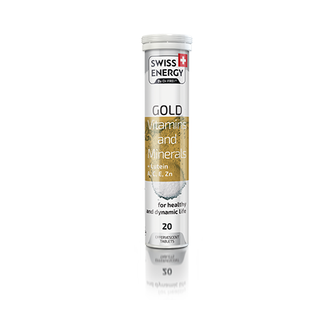 Swiss Energy Gold, a vitamin that reduces fatigue, improves vision, and relaxes the brain.