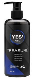 YES' Treasure Gel, a water-based lubricant with a 20x slower drying formula. Clear, unscented gel. 300ml.