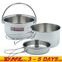 Load image into Gallery viewer, Zebra Stainless Steel 3 Pcs Pot &amp; Pan Set Portable Camping and Travel with Bag
