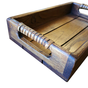 1x Rustic Vintage Food Tea Wooden Serving Teakwood Tray Rattan Handle Idea Gift
