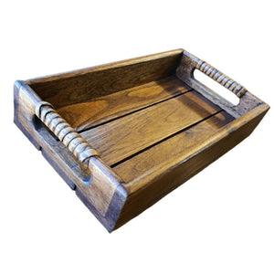 1x Rustic Vintage Food Tea Wooden Serving Teakwood Tray Rattan Handle Idea Gift