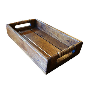 1x Rustic Vintage Food Tea Wooden Serving Teakwood Tray Rattan Handle Idea Gift