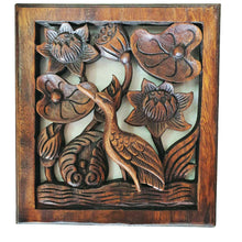 Load image into Gallery viewer, 2x Wall Art Wood Carved Heron Crane Bird Flower Decorative Plaque 11&quot;x12&quot;x1&quot;