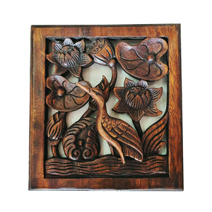 2x Wall Art Wood Carved Heron Crane Bird Flower Decorative Plaque 11"x12"x1"