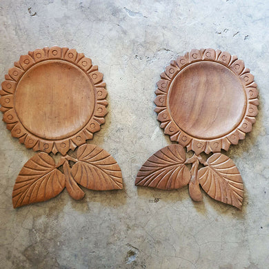 2x Wooden Coaster Vintage Style Sunflower Hand Carved Natural Served Tableware