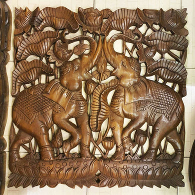 60x60 Wood Hand Carved Elephants Wall Art Relief Panel Décor Restuarant 1