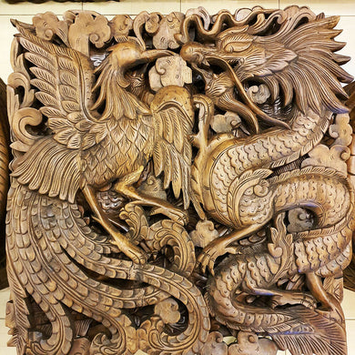 Dragon & Phoenix Wood Hand Carved Panel Plaque Relief Wall Home Decor 60x60 cm
