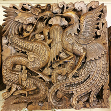 Load image into Gallery viewer, Dragon &amp; Phoenix Wood Hand Carved Panel Plaque Relief Wall Home Decor 60x60 cm