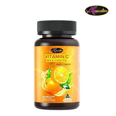 Auswelllife Vitamin C Max-1200mg. Reduces Wrinkles Supplements 60 Capsules