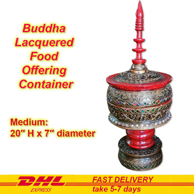 Buddha Lacquered Food Offering Container Thai Antique Style in Cut Glass Design
