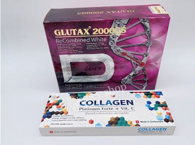 Glutax 2000gs + Collagen Collagen Platinum Forte Vit C Biocell Skin Rejuvenation Whitening Anti Aging 2 Box