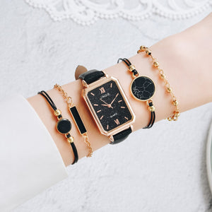 5pcs Set Fashion Watch For Women Square Leather Ladies Bracelet Watches Quartz Wrist Watch Female Black Clock