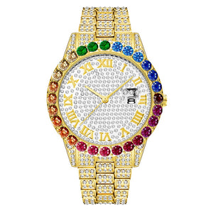 2 Pcs Watch+bracelet Hip Hop Stainless Steel Gold Color Calendar Watch
