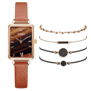 5pcs Set Fashion Watch For Women Square Leather Ladies Bracelet Watches Quartz Wrist Watch Female Black Clock