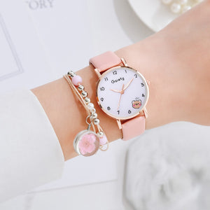 Gaiety Brand 2pcs Set Bracelet Watch Women Cartoon Bear Pattern Girls Pink Leather Ladies