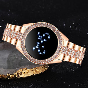 Luxury LED Women Watches Diamond Bracelet Stainless Steel Chain Watch For Women Rose