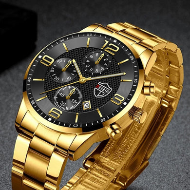 Fashion Luxury Business Gold Men Watch Stainless Steel Quartz Wristwatch Male Leather Calendar Luminous