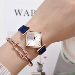 Fashion 2pcs/set Women Watches Bracelet Set Square Dial Rose Gold Magnet Watch