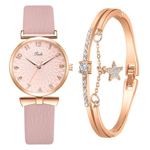 2pcs Set Women Watches Bracelet Set Flowers Ladies Bracelet Watch Casual Leather Quartz Wristwatch Clock