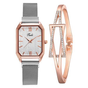 Fashion Women Quartz Watch Bracelet Set Luxury Magnet Buckle Women Watches Simple Rose Gold Mesh Pink Ladies