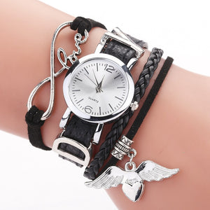 Fashion Watch For Women Luxury Silver Heart Pendant Leather Belt Quartz Clock Black Ladies