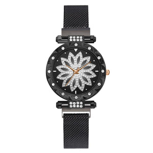 Mesh Magnet Buckle Flower Watch Luxury Ladies Rhinestone Quartz Watch Bracelet Set