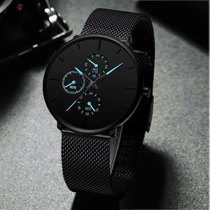 Mens Business Black Watches Luxury Stainless Steel Ultra Thin Mesh Belt Quartz