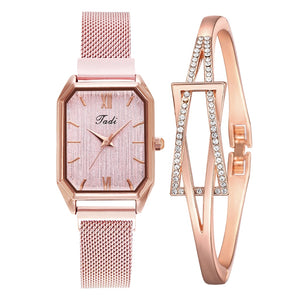 Fashion Women Quartz Watch Bracelet Set Luxury Magnet Buckle Women Watches Simple Rose Gold Mesh Pink Ladies