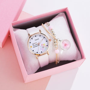 Fashion Brand Watches For Women Cartoon Pattern Flowers Pink Watch Girls Students Leather