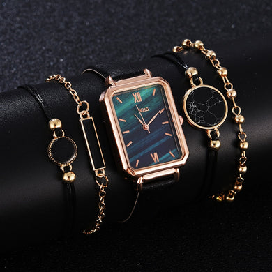 5pcs Set Fashion Watch For Women Square Leather Ladies Bracelet Watches Quartz Wrist Watch Female Black Clock