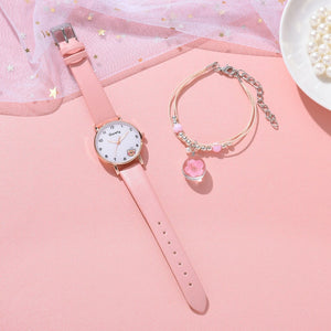 Gaiety Brand 2pcs Set Bracelet Watch Women Cartoon Bear Pattern Girls Pink Leather Ladies