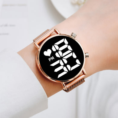 Luxury Digital Women Watches Rose Gold Magnetic Mesh Strap Ladies LED Quartz Watch Female