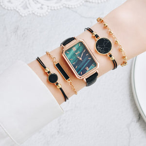 5pcs Set Fashion Watch For Women Square Leather Ladies Bracelet Watches Quartz Wrist Watch Female Black Clock