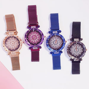 Mesh Magnet Buckle Flower Watch Luxury Ladies Rhinestone Quartz Watch Bracelet Set