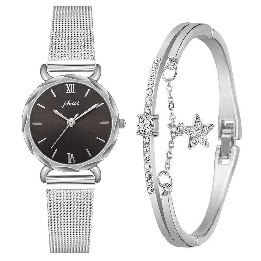 Elegant 2pcs Set Women Watch Bracelet Set Rhinestone Sliver Ladies Watches Luxury