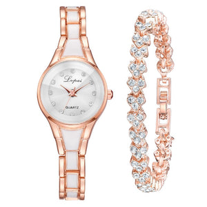 2pcs Set Women Bracelet Watches Fashion Women Dress Ladies Wrist Watch Luxury Rose Gold