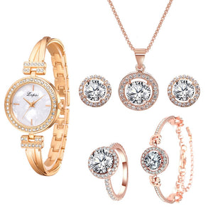 Lvpai Luxury Watch For Women 6pcs Set Bracelet Necklace Earrings Rings Elegant