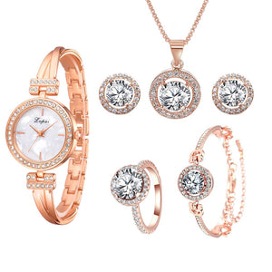 Lvpai Luxury Watch For Women 6pcs Set Bracelet Necklace Earrings Rings Elegant