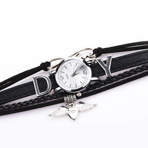 Fashion Watch For Women Luxury Silver Heart Pendant Leather Belt Quartz Clock Black Ladies