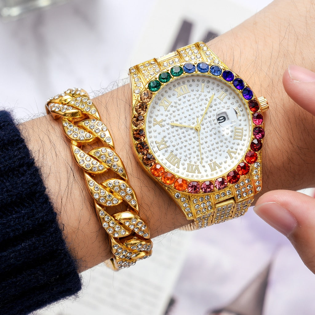 2 Pcs Watch+bracelet Hip Hop Stainless Steel Gold Color Calendar Watch