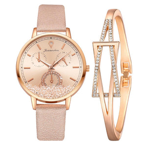 Watch For Women Fashion Quartz Watch Elegant Leather Strap Movable Diamond Ladies