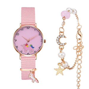 Cartoon Flowers Pink Ladies Bracelet Watch Set Cute Student Quartz Watch Montre Femme Zegarek Damski