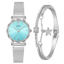 Load image into Gallery viewer, Elegant 2pcs Set Women Watch Bracelet Set Rhinestone Sliver Ladies Watches Luxury